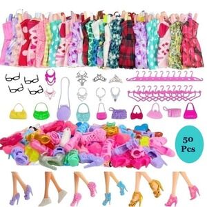 50 Piece Set Fashion Doll Clothing Barbie Style Outfits Accessories Dress Up Lot